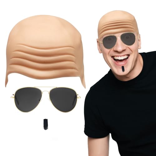 SAIIURV 3 Pezzi Berretto Calvo in Lattice, Bald Cap Calvo, Cappello Calvo Berretto per Parrucca a Testa Calva Parrucca Calva Occhiali da Sole, Accessorio per Costume per Halloween, Bambini Adulti (3)