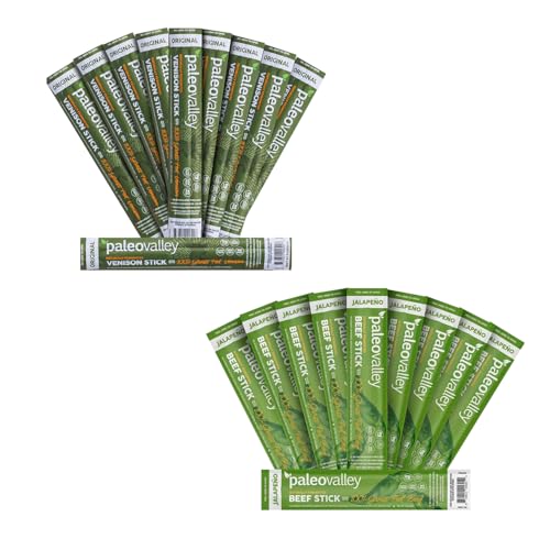 Paleovalley Grass Fed Jalapeno Beef Sticks & Venison Snack Sticks Bundle – Keto Friendly, High Protein, Gut-Friendly Probiotics, Omega-3 Rich, Gluten Free, Paleo On-the-Go Healthy Snack – 20 Count Pac