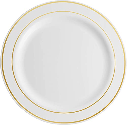 Munfix 100 Piece Plastic Party Plates White Gold Rim, Premium Heavy Duty 10.25 Inch Dinner Plates Elegant Fancy Heavy Duty Disposable Wedding Plates #TOP1