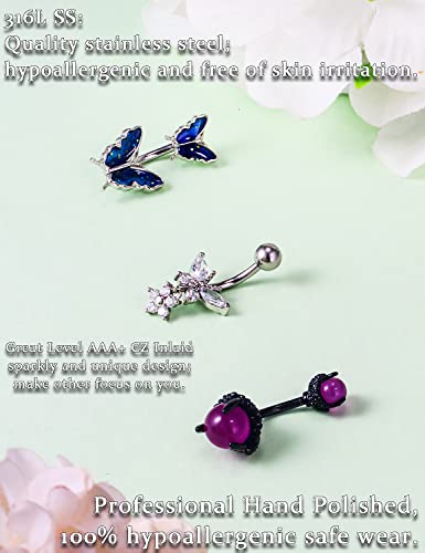 Eakxnig 14G Belly Button Ring Surgical Steel Dangle Belly Rings Snake Glow Dark Round Cubic Zirconia Navel Barbell Body Piercing Jewelry For Women 3/8Inch 10Mm Silver,Rose,Purple,Black Men Belly Ring #TOP5