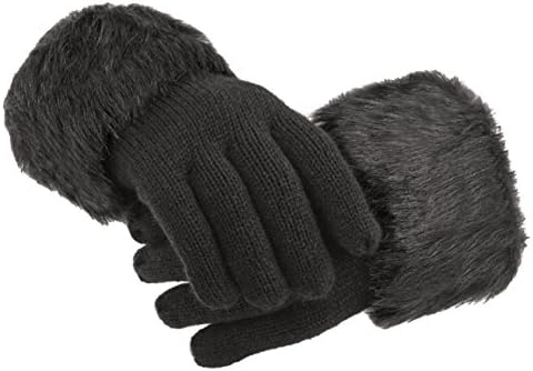 Collections Etc Foxy Faux Fur Trimmed Knit Gloves BLACK