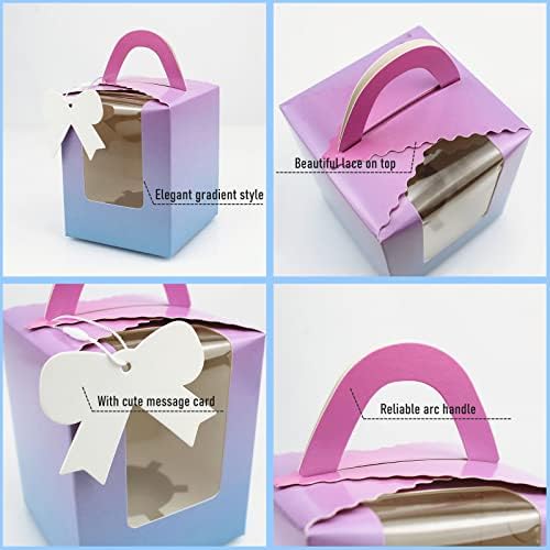 YankMooM 15 Pcs Single Cupcake Boxes,Individual Gradient Color Cupcake Boxes with Clear Window and Handle for Wedding Party and Gift Giving,Small Cakes Treat Boxes