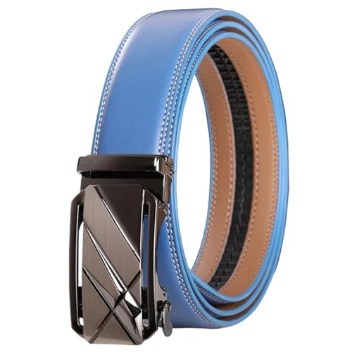 Men's Ratchet Genuine Leather Belt Cowhide Jeans Blue Automatic Alloy Buckle Casual Belt
