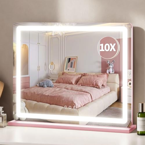 Image of ROLOVE Pink Makeup Mirror with Lights, 23x18 Inch - 3 Color Modes, Dimmable LED Light up Mirror with 10X Magnification - Pink Vanity Mirror Wall&Tabletop Mount for Teen Girls