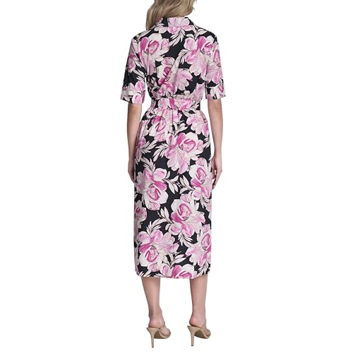 Image of DKNY Women's Short Sleeve Cotton Poplin Collared Midi Shirtdress