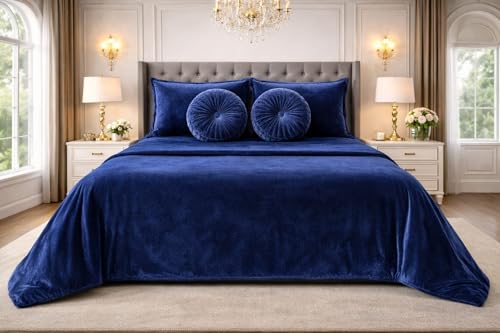 Image of Sands Luxurious 6Pc Bedding Set for Winter, 1 Double Duvet Cover,1 Double Bed bedsheet, 2 Pillow Covers, 2 Round Cushions, Ultra Soft Woollen Bedsheet Set- 90X100 inches (Navy Blue)