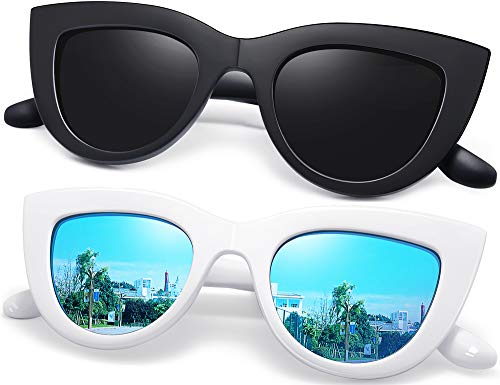 Joopin Retro Gepolariseerde Cateye Zonnebril - 2 Stuks Mode Dames Zonnebril Plastic Frame (Zwart + Blauw)