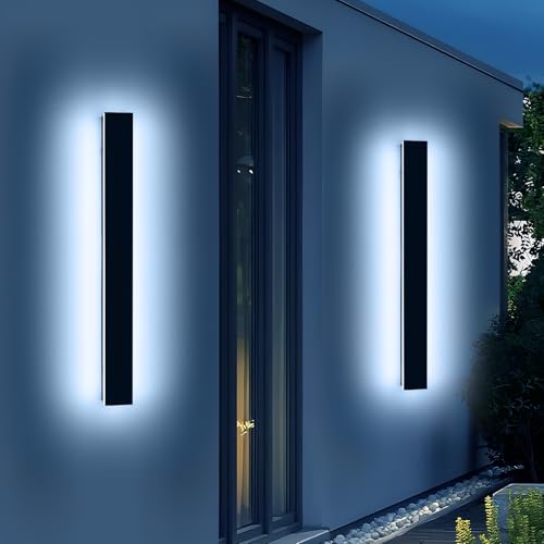 Image of 2 Pack 47.2inch Long Linear Outdoor Wall Light, 6000K Cold White Modern Wall Mounted Sconce, IP65 Waterproof, 42W, Black Exterior Lighting Fixture for Garage, Patio, Porch, Garden