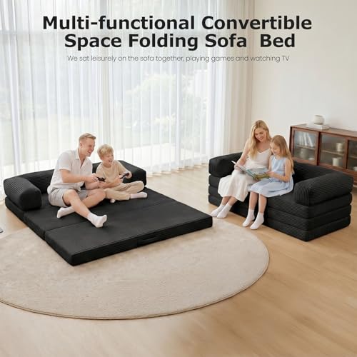 Image of Convertible Sofa Bed, Tri-Fold Foldable Mattress with Removable Arms & Washable Cover, Portable Mattress Futon Sofa Bed, No Assembly Required & Non-Slip, Queen Size, Black