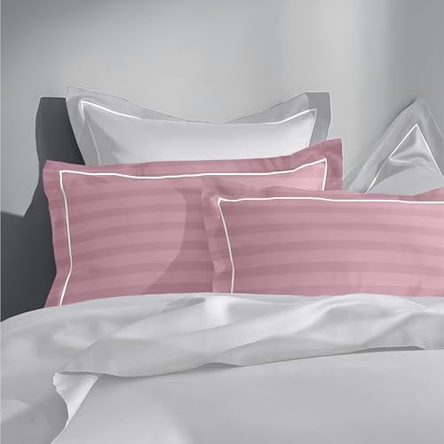 Pure Cotton 300 TC Pillow Cover Set | Greek Embroidered Pillow Cover Set | Percale Weave | 17 X 27 Inches (Pack of 2) (Cameo Rose, Striped)