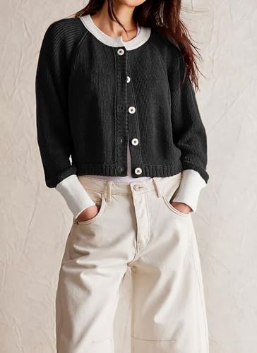 Image of loveimgs Women Knitted Button Down Cropped Cardigan Jacket Sweater Y2k Fall Knit Color Block Sweater Crewneck Crop Short Coat