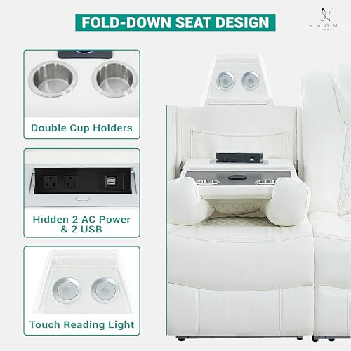 Naomi Home Chicago Deluxe Theater Style Motion Reclining Sofa Set - 3 Piece Set with Power Recline, Adjustable Headrests, LED Lighting, Wireless Charging, Bluetooth Speaker, USB Ports - White