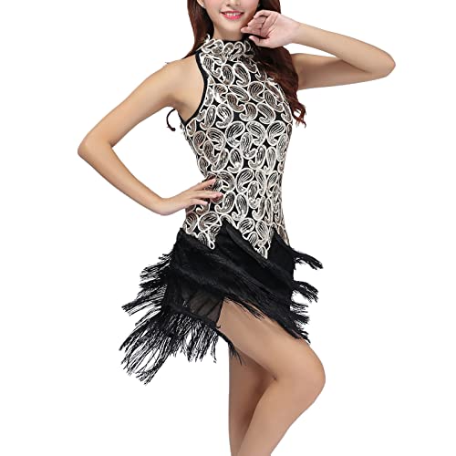 Women Halter Neck Sparkly Sequins Flapper Dress - Tassel Keyhole Salsa Latin Dance Glitter 1920s Fringed Roaring 20s Gatsby Rumba Ballroom Costume Cocktail Swing - Black Gold L