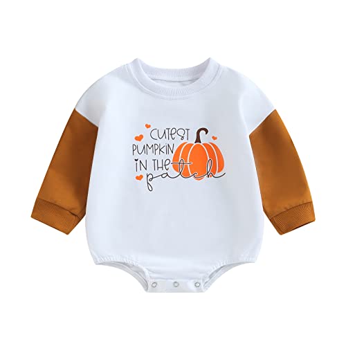 Image of BOIBOKOKO Baby Girl Boy Halloween Outfit Block Color Long Sleeve Letter Print Pumpkin Romper Crewneck Fall Clothes