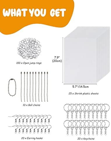 Csyidio 175 Pieces Shrink Plastic Sheet Kit Include 25 Pieces Shrink Plastic Sheets with 150 Pieces Metal Accessories for Kids Creative Craft and Making Earrings, Key Chains