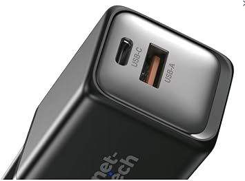Nettech 45W GaN Teknolojili Hızlı Şarj Adaptörü – Siyah, Çift Giriş (USB-C & USB-A), Type-C Uyumlu, Kompakt ve Güçlü