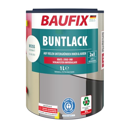Baufix Vernice colorata bianca, satinata, 1 litro, vernice, diluibile in acqua, per interni ed esterni, adatta per legno/zinco/cemento, ferro/muratura