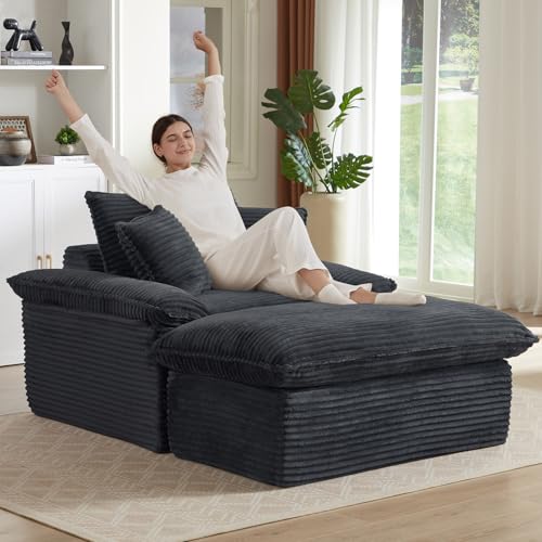 Oversized Chaise Lounge Chair Indoor, Boneless Chaise Lounges with Cup Holders & 3 Pillows, Modern Corduroy Sleeper Sofa Cloud Couch Chair with Wide Arms, No Assembly Required (Dark Grey, 52")