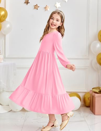 Image of Arshiner Girls Maxi Dresses Lantern Long Sleeve Casual Holiday Dress with Pockets for 5-14 Y