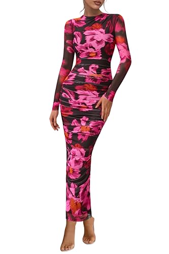 Image of PRETTYGARDEN Long Sleeve Maxi Dresses for Women Wedding Guest Fall Outfits | Ruched Bodycon Dress Long, Floral Mesh, Date Night, Formal Cocktail Party, Homecoming Holiday Dresses