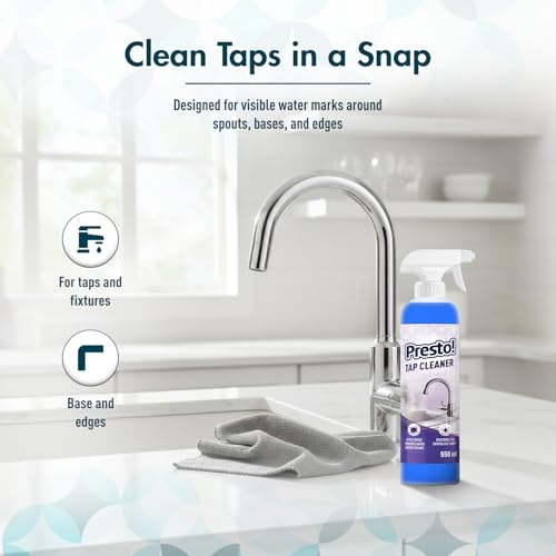 Image of Amazon Brand - Presto! Tap Cleaner | 1.1 L | 550 ml x Pack of 2 | Removes Hard Water Stain | Restores Sparkling Shine | Limescale & Grime Fighter | For Bathroom, Kitchen, Sink Fitting Taps