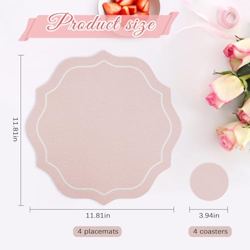 Set of 4 Spring Round Vinyl Placemats with Coasters 12" Scalloped Pink Faux Leather Placemats Waterproof Placemat Wipeable Heat Resistant for 7-10" Plates for Wedding Party Dining Table Decor by ElasignShopo - Used condition - Image 2