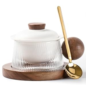 Tea Cup with Infuser and Lid,Glass Tea Mugs with Handle,Wood Saucer and Spoon,for Blooming and Loose Leaf Tea,Tea Bag,Juice,Coffee(White)