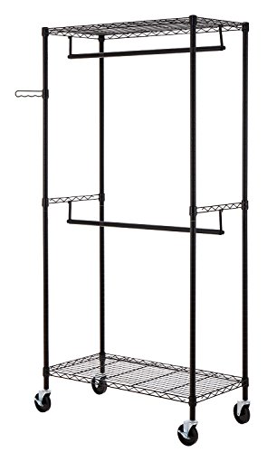 Finnhomy Heavy Duty Rolling Garment Rack Clothes Rack With Double Hanger Rods And Shelves, Portable Closet Organizer With Wheels, 1'' Diameter Thicken Steel Tube Hold Up To 300Lbs, Black #TOP6