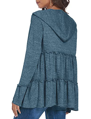 Deesha Full Zip Up Hoodie For Women Pleated Tiered Ruffle Hooded Sweatshirts Lightweight Jacket Coat Long Sleeves Blue #TOP1