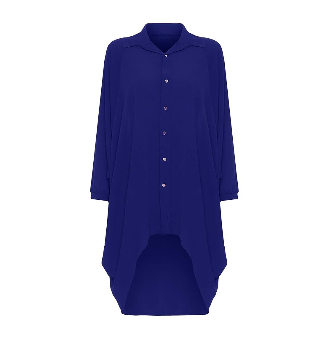 Real Life Fashion Ltd Women's Royal Blue Dip Hem High Low Button Collar Shirt Long Sleeve Hi Lo Dress Top Fancy Party Wear Blouse Plus Size Flowing Tunic Asymmetric Hem Stylish Evening Casual Fashion Uk 8-26