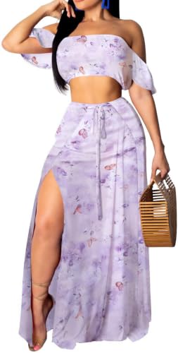 Image of Sexy Two Piece Sets for Women Vacation Elegant Sleeveless Top Long Split Maxi Dress Beach Swimwear