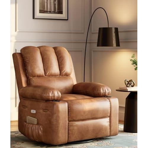 Garvee 27" Power Recliner Chair for Adults with Massage and Heat 360° Swivel Oversized Leather Recliner Chair Large Seat Width with USB Ports & Side Pockets for Living Room Bedroom, Two-Tone