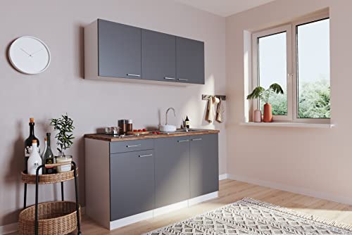 Respekta Singleküche Luis 150cm ohne Kühlschrank Korpus und Arbeitsplatte weiß Fronten Grau