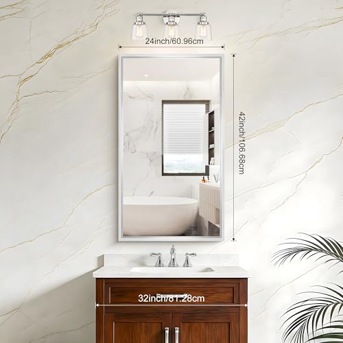 Image of 24 x 42 inch Brushed Silver Bathroom Mirror, Metal Framed Rectangle Mirror, 0.6 inch Thickened Deep Frame Mirrors for Living Room Bedroom Entryway, Tempered Glass, Antirust, Horizontal or Vertical