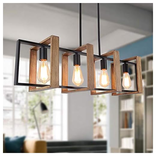 35.4" Kitchen Island Lighting,4 - Light Dining Room Farmhouse Chandelier,Black Modern Pendant Lighting,Pool Table Lights,Wood and Matte Black Metal Finish