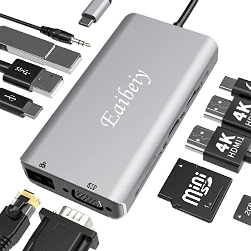 Eaibeiy USB C Docking Station Laptop Dual Monitor, 11 in 1 USB C Hub Dual HDMI Multiport Adapter for Dell/Lenovo/Surface/MacBook Pro Laptops(2 HDMI, VGA, PD, Ethernet, 3 USB Port, SD/TF, Audio/Mic)