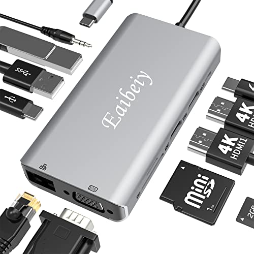 Eaibeiy Usb C Docking Station Laptop Dual Monitor, 11 In 1 Usb C Hub Dual Hdmi Multiport Adapter For Dell/Lenovo/Surface/Macbook Pro Laptops(2 Hdmi, Vga, Pd, Ethernet, 3 Usb Port, Sd/Tf, Audio/Mic) #TOP19