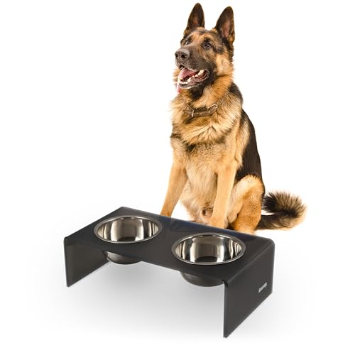 THE LICKER Store DBL2001J Keaton 7.5" Medium/Large Modern Acrylic Rectangular Elevated Pet Feeder with 54oz 2-Stainless Steel Bowls, Dark Gray/Chrome by THE LICKER STORE - Used condition - US$53.19