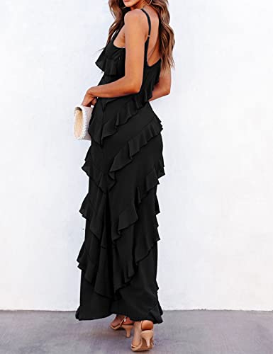 Image of houstil Women's Casual Summer Dress Strap Ruffle Beach Party Maxi Cocktail Evening Holiday Wedding Guest Dresses