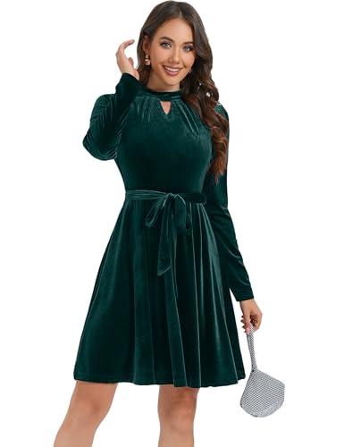 KOJOOIN Samtkleid Damen Kurz Elegant Satin Cocktailkleid Langarm Rockabilly A-Linien Festlich Kleid mit Gürtel Dunkelgrün M