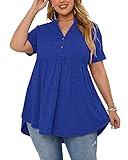 PLOKNRD Women's Plus Size Tops Short Sleeve Henley V Neck Button Up Flowy T Shirts Tunic Loose Blouses Royal Blue