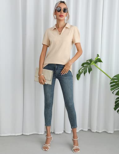 Zhenwei Short Sleeve Summer Shirts Women V Neck Collared Polo Tunic Tops Work Blouse,Apricot,S #TOP5