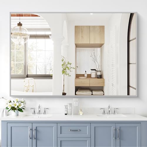 Image of COFENY 40x60inch Silver Bathroom Mirror, Silver Rectangle Mirror with Frame, Large Rectangular Wall Mirrors for Bathroom, Living Room, Hair Salon, Big Farmhouse Mirror Hang Horizontal /Vertical