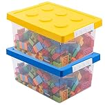 Greentainer Toy Storage Organizer Bins with Lid - Stackable Plastic Box Set of 2, Kids Chests Compatible Building Baseplate and Lid, Container for Bricks & Toys, Blue