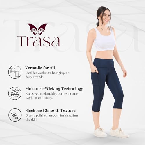 Image of TRASA Active 3 /4th Yoga Pants for Womens Gym High Waist with 2 Pockets, Tummy Control, Workout Pants 4 Way Stretch Yoga Capri - Available Sizes - S, M, L,XL, 2XL,3XL,4XL