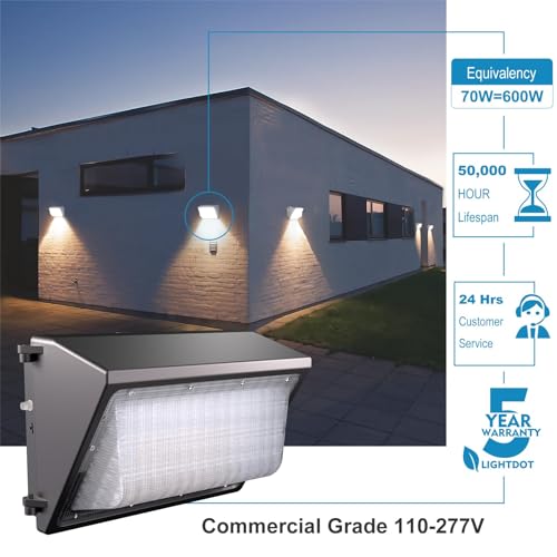 Image of Lightdot 8 Pack 70W LED Wall Pack Lights, Wall Mount Outdoor Exterior Lighting, 100-277V, 10500LM Dusk-to-Dawn, IP65 ETL, 20ft Coverage Area, Parking Lots, Building Exteriors, Backyard /Factory
