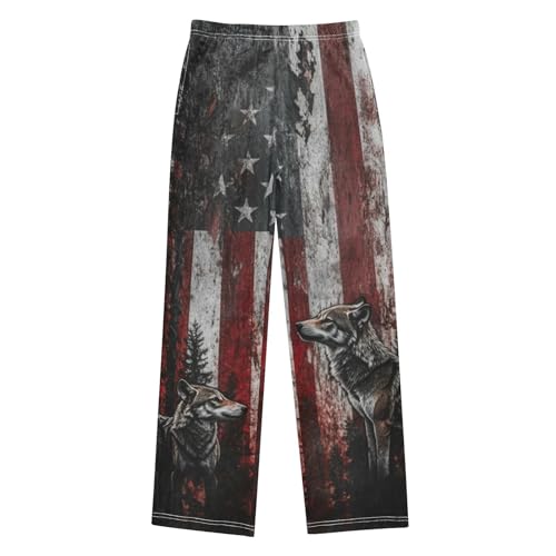 Pajama Pants Stripes American Flag Wolf Long Sleep Pants Lounge Bottoms