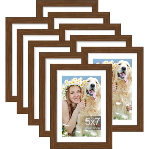 decorUhome 5x7 Picture Frame Set of 10, Display Photos 4x6 with Mat or 5x7 Unmatted for Picture Frames Collage Wall Decor, Brown