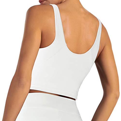 Women's Sports Bras Comfy Padded Gym Workout Longline Crop Top Sleeveless Shirt Running Activewear Solid Yoga Crop Tank Tops White