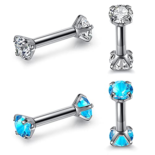 Zysta Small Rhinestone Clear Blue Cubic Zirconia Barbell Earring Studs Mini Cute Tragus Helix Cartilage Ear Lobe Nose Piercing Straight Bar 16G Screw on Stainless Steel
